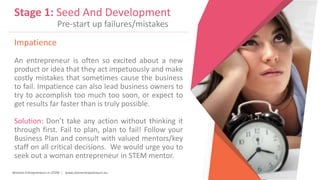 Women Entrepreneurs in STEM | www.stementrepreneurs.eu
Impatience
An entrepreneur is often so excited about a new
product or idea that they act impetuously and make
costly mistakes that sometimes cause the business
to fail. Impatience can also lead business owners to
try to accomplish too much too soon, or expect to
get results far faster than is truly possible.
Solution: Don’t take any action without thinking it
through first. Fail to plan, plan to fail! Follow your
Business Plan and consult with valued mentors/key
staff on all critical decisions. We would urge you to
seek out a woman entrepreneur in STEM mentor.
Stage 1: Seed And Development
Pre-start up failures/mistakes
 