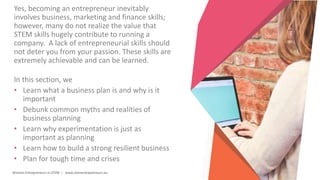 Women Entrepreneurs in STEM | www.stementrepreneurs.eu
Yes, becoming an entrepreneur inevitably
involves business, marketing and finance skills;
however, many do not realize the value that
STEM skills hugely contribute to running a
company. A lack of entrepreneurial skills should
not deter you from your passion. These skills are
extremely achievable and can be learned.
In this section, we
• Learn what a business plan is and why is it
important
• Debunk common myths and realities of
business planning
• Learn why experimentation is just as
important as planning
• Learn how to build a strong resilient business
• Plan for tough time and crises
 