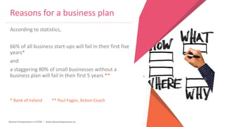 Women Entrepreneurs in STEM | www.stementrepreneurs.eu
Reasons for a business plan
According to statistics,
66% of all business start-ups will fail in their first five
years*
and
a staggering 80% of small businesses without a
business plan will fail in their first 5 years **
* Bank of Ireland ** Paul Fagan, Action Coach
 