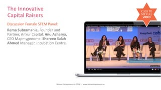 Women Entrepreneurs in STEM | www.stementrepreneurs.eu
The Innovative
Capital Raisers
Discussion Female STEM Panel:
Rema Subramania, Founder and
Partner, Ankur Capital. Anu Acharya,
CEO Mapmygenome. Shereen Salah
Ahmed Manager, Incubation Centre.
CLICK TO
SEE FULL
VIDEO
 