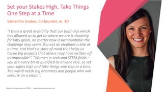 Women Entrepreneurs in STEM | www.stementrepreneurs.eu
Samantha Snabes, Co-founder, re: 3D
“I think a great mentality that our team has which
has allowed us to get to where we are is shooting
for lofty goals, no matter how insurmountable the
challenge may seem. You eat an elephant a bite at
a time, and that’s a state of mind that helps us
tackle big projects that others may have written off
as impossible’’. ‘’Women in tech and STEM fields –
you are every bit as qualified as anyone else, so set
your sights high and take things one step at a time.
The world needs big dreamers and people who will
execute on a vision’’.
Set your Stakes High, Take Things
One Step at a Time
 