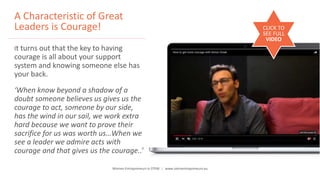 Women Entrepreneurs in STEM | www.stementrepreneurs.eu
A Characteristic of Great
Leaders is Courage!
It turns out that the key to having
courage is all about your support
system and knowing someone else has
your back.
‘When know beyond a shadow of a
doubt someone believes us gives us the
courage to act, someone by our side,
has the wind in our sail, we work extra
hard because we want to prove their
sacrifice for us was worth us…When we
see a leader we admire acts with
courage and that gives us the courage..’
CLICK TO
SEE FULL
VIDEO
 