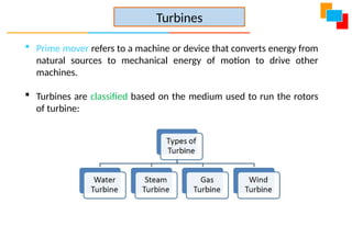  Prime mover refers to a machine or device that converts energy from
natural sources to mechanical energy of motion to drive other
machines.
 Turbines are classified based on the medium used to run the rotors
of turbine:
Turbines
 