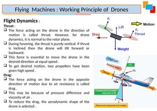 Flight Dynamics :
Thrust :
 The force acting on the drone in the direction of
motion is called thrust. However, for drone
dynamics, it is normal to the rotor plane.
 During hovering, the thrust is purely vertical. If thrust
is inclined then the drone will tilt forward or
backward.
 This force is essential to move the drone in the
desired direction at equal speed .
 To get desired motion, two propellers have been
given high speed .
Drag:
 The force acting on the drone in the opposite
direction of motion due to air resistance is called
drag .
 This may be because of pressure difference and
viscosity of air .
 To reduce the drag, the aerodynamic shape of the
drone is selected .
Flying Machines : Working Principle of Drones
 
