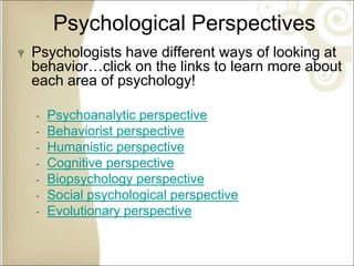 Psychological Perspectives
Psychologists have different ways of looking at
behavior…click on the links to learn more about
each area of psychology!
‐ Psychoanalytic perspective
‐ Behaviorist perspective
‐ Humanistic perspective
‐ Cognitive perspective
‐ Biopsychology perspective
‐ Social psychological perspective
‐ Evolutionary perspective
See p. 12
 