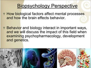 Biopsychology Perspective
How biological factors affect mental processes
and how the brain effects behavior.
Behavior and biology interact in important ways,
and we will discuss the impact of this field when
examining psychopharmacology, development
and genetics.
 