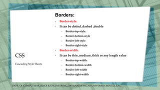 DEPT. Of COMPUTER SCIENCE & ENGINEERING,DAYANADA SAGAR UNIVERSITY,BENGULURU.
CSS
Borders:
• Border-style.
• It can be dotted ,dashed ,double
– Border-top-style.
– Border-bottom-style
– Border-left-style
– Border-right-style
• Border-width.
• It can be thin ,medium ,thick or any length value
– Border-top-width.
– Border-bottom-width
– Border-left-width
– Border-right-width
Cascading Style Sheets
 