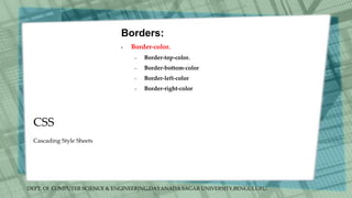 DEPT. Of COMPUTER SCIENCE & ENGINEERING,DAYANADA SAGAR UNIVERSITY,BENGULURU.
CSS
Borders:
• Border-color.
– Border-top-color.
– Border-bottom-color
– Border-left-color
– Border-right-color
Cascading Style Sheets
 
