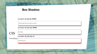DEPT. Of COMPUTER SCIENCE & ENGINEERING,DAYANADA SAGAR UNIVERSITY,BENGULURU.
CSS
Box Shadow:
Cascading Style Sheets
 