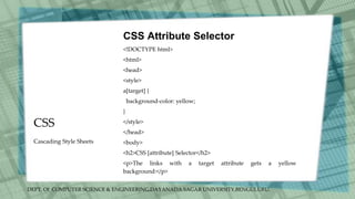 DEPT. Of COMPUTER SCIENCE & ENGINEERING,DAYANADA SAGAR UNIVERSITY,BENGULURU.
CSS
CSS Attribute Selector
<!DOCTYPE html>
<html>
<head>
<style>
a[target] {
background-color: yellow;
}
</style>
</head>
<body>
<h2>CSS [attribute] Selector</h2>
<p>The links with a target attribute gets a yellow
background:</p>
Cascading Style Sheets
 