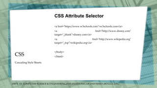 DEPT. Of COMPUTER SCIENCE & ENGINEERING,DAYANADA SAGAR UNIVERSITY,BENGULURU.
CSS
CSS Attribute Selector
<a href="https://www.w3schools.com">w3schools.com</a>
<a href="http://www.disney.com"
target="_blank">disney.com</a>
<a href="http://www.wikipedia.org"
target="_top">wikipedia.org</a>
</body>
</html>
Cascading Style Sheets
 