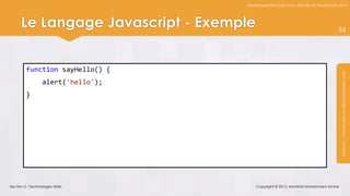 Développement web avec ASP.NET et Visual Studio 2012




     Le Langage Javascript - Exemple                                              34




        function sayHello() {




                                                                                   Module 1 : Introduction au développement web
                 alert('hello');
        }




Section 2 : Technologies Web           Copyright © 2013, Mostefai Mohammed Amine
 