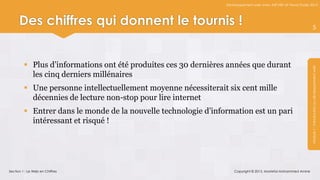 Développement web avec ASP.NET et Visual Studio 2012




      Des chiffres qui donnent le tournis !                                                                            5




          Plus d’informations ont été produites ces 30 dernières années que durant




                                                                                                                 Module 1 : Introduction au développement web
           les cinq derniers millénaires
          Une personne intellectuellement moyenne nécessiterait six cent mille
           décennies de lecture non-stop pour lire internet
          Entrer dans le monde de la nouvelle technologie d’information est un pari
           intéressant et risqué !




Section 1 : Le Web en Chiffres                                       Copyright © 2013, Mostefai Mohammed Amine
 