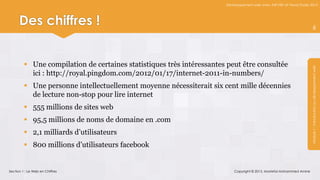 Développement web avec ASP.NET et Visual Studio 2012




      Des chiffres !                                                                                                         6




          Une compilation de certaines statistiques très intéressantes peut être consultée




                                                                                                                       Module 1 : Introduction au développement web
           ici : http://royal.pingdom.com/2012/01/17/internet-2011-in-numbers/
          Une personne intellectuellement moyenne nécessiterait six cent mille décennies
           de lecture non-stop pour lire internet
          555 millions de sites web
          95,5 millions de noms de domaine en .com
          2,1 milliards d’utilisateurs
          800 millions d’utilisateurs facebook


Section 1 : Le Web en Chiffres                                             Copyright © 2013, Mostefai Mohammed Amine
 