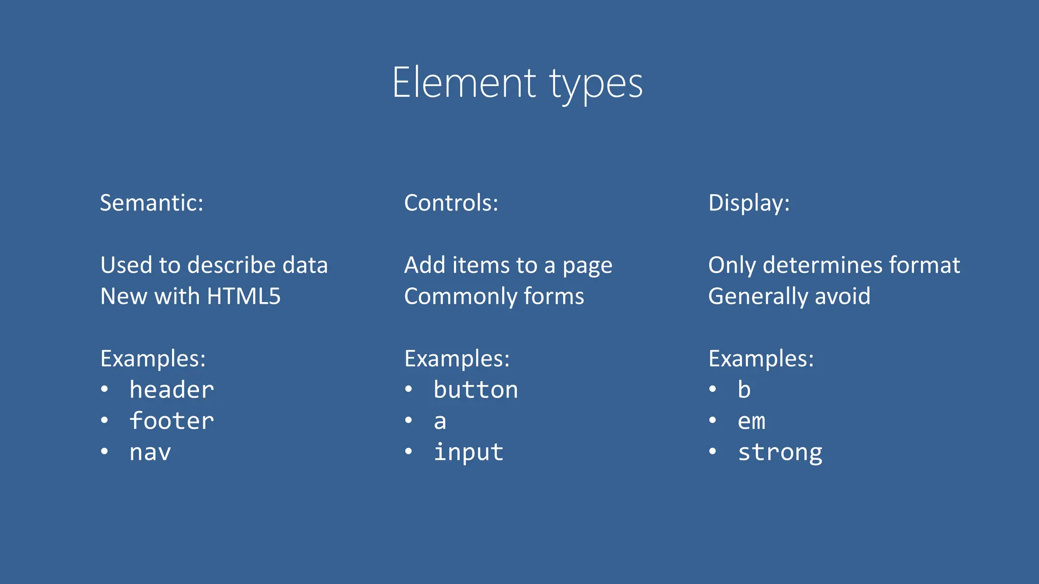 Element types
Semantic:
Used to describe data
New with HTML5
Examples:
• header
• footer
• nav
Controls:
Add items to a page
Commonly forms
Examples:
• button
• a
• input
Display:
Only determines format
Generally avoid
Examples:
• b
• em
• strong
 