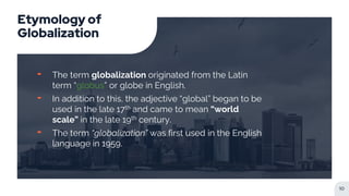 Etymology of
Globalization
╸ The term globalization originated from the Latin
term “globus” or globe in English.
╸ In addition to this, the adjective “global” began to be
used in the late 17th and came to mean “world
scale” in the late 19th century.
╸ The term “globalization” was first used in the English
language in 1959.
10
 