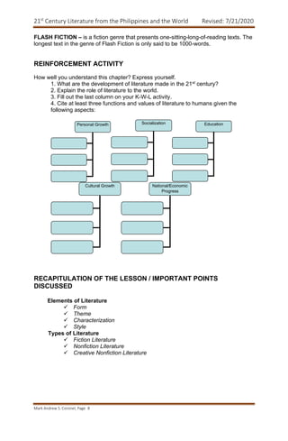 21st
Century Literature from the Philippines and the World Revised: 7/21/2020
Mark Andrew S. Coronel, Page 8
FLASH FICTION – is a fiction genre that presents one-sitting-long-of-reading texts. The
longest text in the genre of Flash Fiction is only said to be 1000-words.
REINFORCEMENT ACTIVITY
How well you understand this chapter? Express yourself.
1. What are the development of literature made in the 21st century?
2. Explain the role of literature to the world.
3. Fill out the last column on your K-W-L activity.
4. Cite at least three functions and values of literature to humans given the
following aspects:
RECAPITULATION OF THE LESSON / IMPORTANT POINTS
DISCUSSED
Elements of Literature
✓ Form
✓ Theme
✓ Characterization
✓ Style
Types of Literature
✓ Fiction Literature
✓ Nonfiction Literature
✓ Creative Nonfiction Literature
National/Economic
Progress
Cultural Growth
Education
Socialization
Personal Growth
 