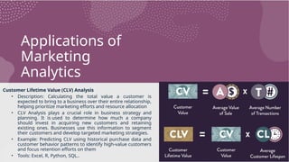 Applications of
Marketing
Analytics
Customer Lifetime Value (CLV) Analysis
• Description: Calculating the total value a customer is
expected to bring to a business over their entire relationship,
helping prioritize marketing efforts and resource allocation
• CLV Analysis plays a crucial role in business strategy and
planning. It is used to determine how much a company
should invest in acquiring new customers and retaining
existing ones. Businesses use this information to segment
their customers and develop targeted marketing strategies.
• Example: Predicting CLV using historical purchase data and
customer behavior patterns to identify high-value customers
and focus retention efforts on them
• Tools: Excel, R, Python, SQL..
 