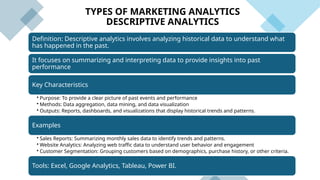 TYPES OF MARKETING ANALYTICS
DESCRIPTIVE ANALYTICS
Definition: Descriptive analytics involves analyzing historical data to understand what
has happened in the past.
It focuses on summarizing and interpreting data to provide insights into past
performance
Key Characteristics
• Purpose: To provide a clear picture of past events and performance
• Methods: Data aggregation, data mining, and data visualization
• Outputs: Reports, dashboards, and visualizations that display historical trends and patterns.
Examples
• Sales Reports: Summarizing monthly sales data to identify trends and patterns.
• Website Analytics: Analyzing web traffic data to understand user behavior and engagement
• Customer Segmentation: Grouping customers based on demographics, purchase history, or other criteria.
Tools: Excel, Google Analytics, Tableau, Power BI.
 