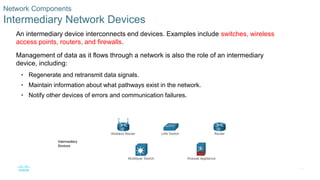 10
Network Components
Intermediary Network Devices
An intermediary device interconnects end devices. Examples include switches, wireless
access points, routers, and firewalls.
Management of data as it flows through a network is also the role of an intermediary
device, including:
• Regenerate and retransmit data signals.
• Maintain information about what pathways exist in the network.
• Notify other devices of errors and communication failures.
 