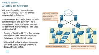 32
Reliable Network
Quality of Service
Voice and live video transmissions
require higher expectations for those
services being delivered.
Have you ever watched a live video with
constant breaks and pauses? This is
caused when there is a higher demand
for bandwidth than available – and QoS
isn’t configured.
• Quality of Service (QoS) is the primary
mechanism used to ensure reliable
delivery of content for all users.
• With a QoS policy in place, the router
can more easily manage the flow of
data and voice traffic.
 