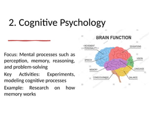 2. Cognitive Psychology
Focus: Mental processes such as
perception, memory, reasoning,
and problem-solving
Key Activities: Experiments,
modeling cognitive processes
Example: Research on how
memory works
 