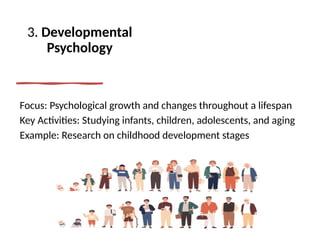 3. Developmental
Psychology
Focus: Psychological growth and changes throughout a lifespan
Key Activities: Studying infants, children, adolescents, and aging
Example: Research on childhood development stages
 