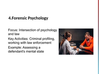 4.Forensic Psychology
Focus: Intersection of psychology
and law
Key Activities: Criminal profiling,
working with law enforcement
Example: Assessing a
defendant's mental state
 
