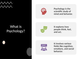 What is
Psychology?
Psychology is the
scientific study of
mind and behavior.
It explores how
people think, feel,
and act.
It involves various
fields like cognition,
emotions, and social
behavior.
 