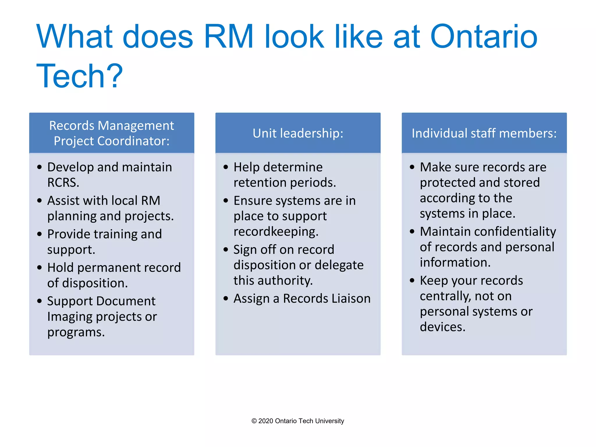What does RM look like at Ontario
Tech?
Records Management
Project Coordinator:
• Develop and maintain
RCRS.
• Assist with local RM
planning and projects.
• Provide training and
support.
• Hold permanent record
of disposition.
• Support Document
Imaging projects or
programs.
Unit leadership:
• Help determine
retention periods.
• Ensure systems are in
place to support
recordkeeping.
• Sign off on record
disposition or delegate
this authority.
• Assign a Records Liaison
Individual staff members:
• Make sure records are
protected and stored
according to the
systems in place.
• Maintain confidentiality
of records and personal
information.
• Keep your records
centrally, not on
personal systems or
devices.
© 2020 Ontario Tech University
 