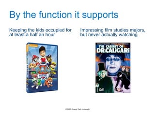 By the function it supports
Keeping the kids occupied for
at least a half an hour
Impressing film studies majors,
but never actually watching
© 2020 Ontario Tech University
 