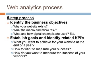 Web analytics process
5-step process
 Identify the business objectives
 Why your website exists?
 What the macro and micro task?
 What and how digital channels are used? Etc.
 Establish goals and identify related KPI’s
 What you want to achieve for your website at the
end of a year?
 How to want to measure your success?
 How do you want to measure the success of your
vendors?
 