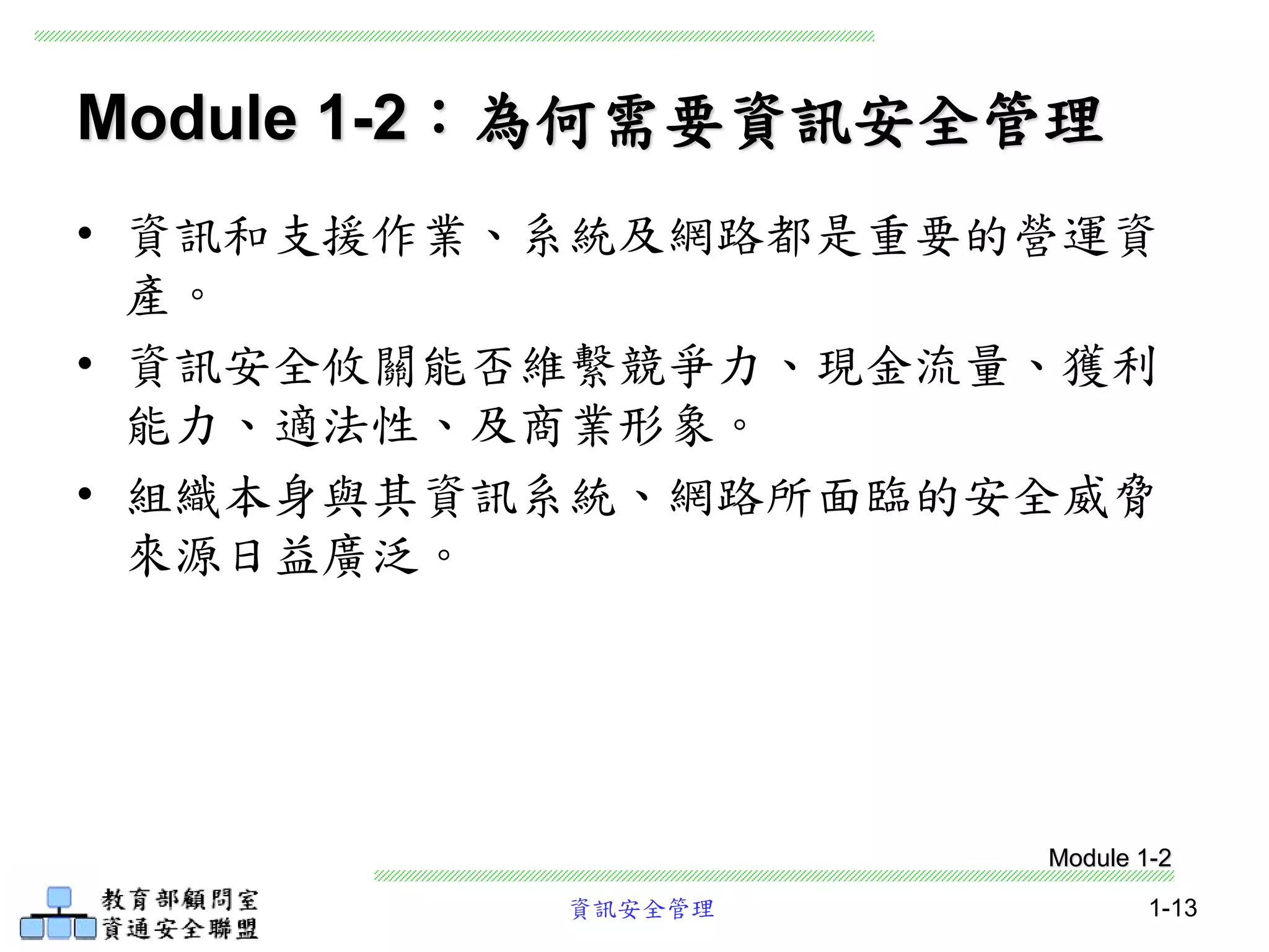 資訊安全管理 1-13
Module 1-2：為何需要資訊安全管理
• 資訊和支援作業、系統及網路都是重要的營運資
產。
• 資訊安全攸關能否維繫競爭力、現金流量、獲利
能力、適法性、及商業形象。
• 組織本身與其資訊系統、網路所面臨的安全威脅
來源日益廣泛。
Module 1-2
 