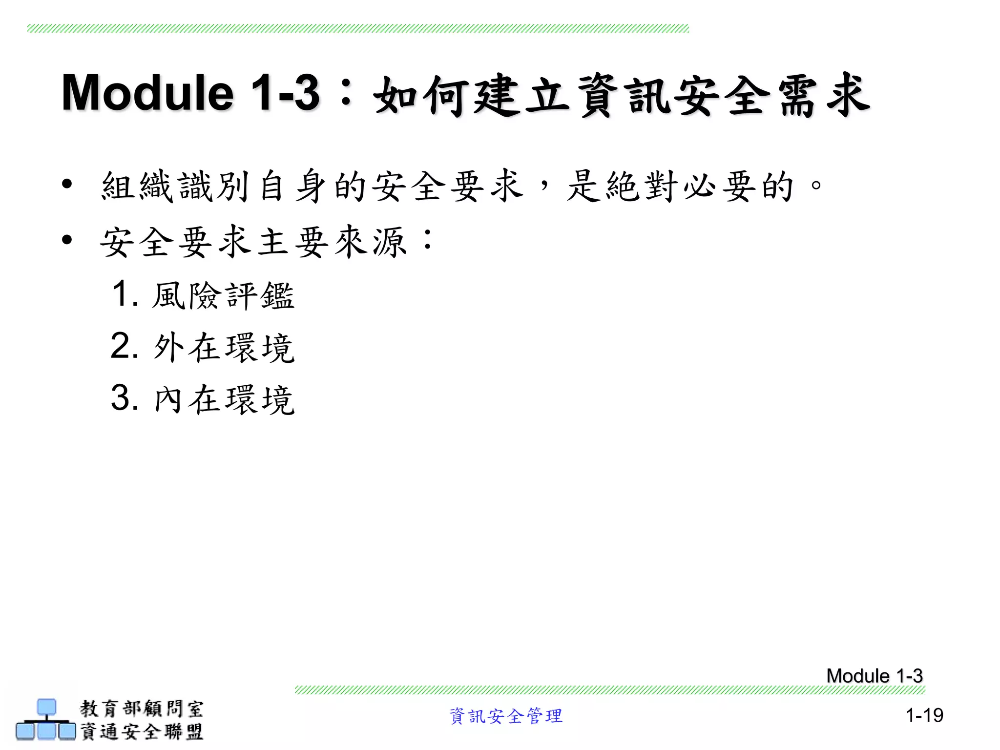 資訊安全管理 1-19
Module 1-3：如何建立資訊安全需求
• 組織識別自身的安全要求，是絶對必要的。
• 安全要求主要來源：
1. 風險評鑑
2. 外在環境
3. 內在環境
Module 1-3
 