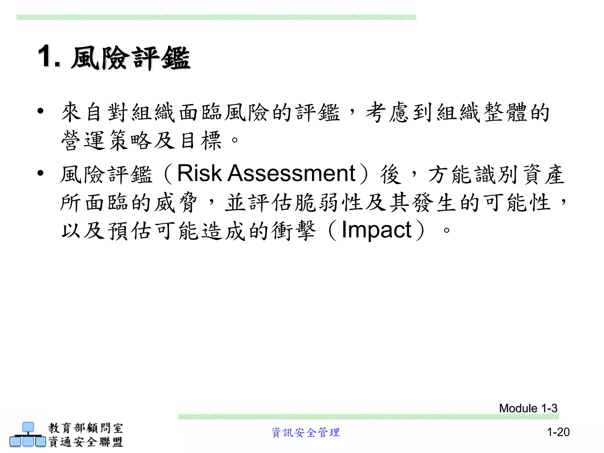 資訊安全管理 1-20
1. 風險評鑑
• 來自對組織面臨風險的評鑑，考慮到組織整體的
營運策略及目標。
• 風險評鑑（Risk Assessment）後，方能識別資產
所面臨的威脅，並評估脆弱性及其發生的可能性，
以及預估可能造成的衝擊（Impact）。
Module 1-3
 