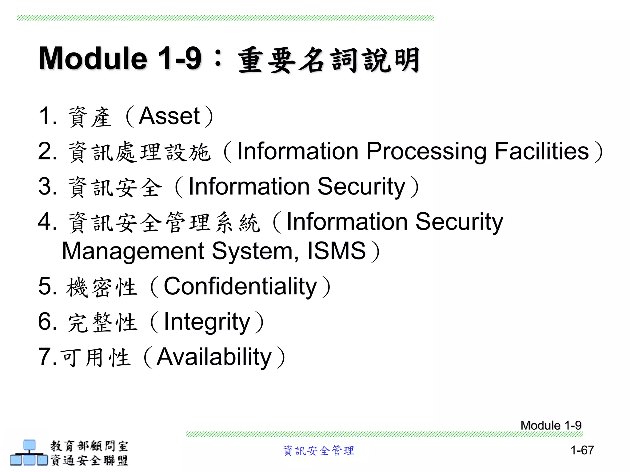 資訊安全管理 1-67
Module 1-9：重要名詞說明
1. 資產（Asset）
2. 資訊處理設施（Information Processing Facilities）
3. 資訊安全（Information Security）
4. 資訊安全管理系統（Information Security
Management System, ISMS）
5. 機密性（Confidentiality）
6. 完整性（Integrity）
7.可用性（Availability）
Module 1-9
 