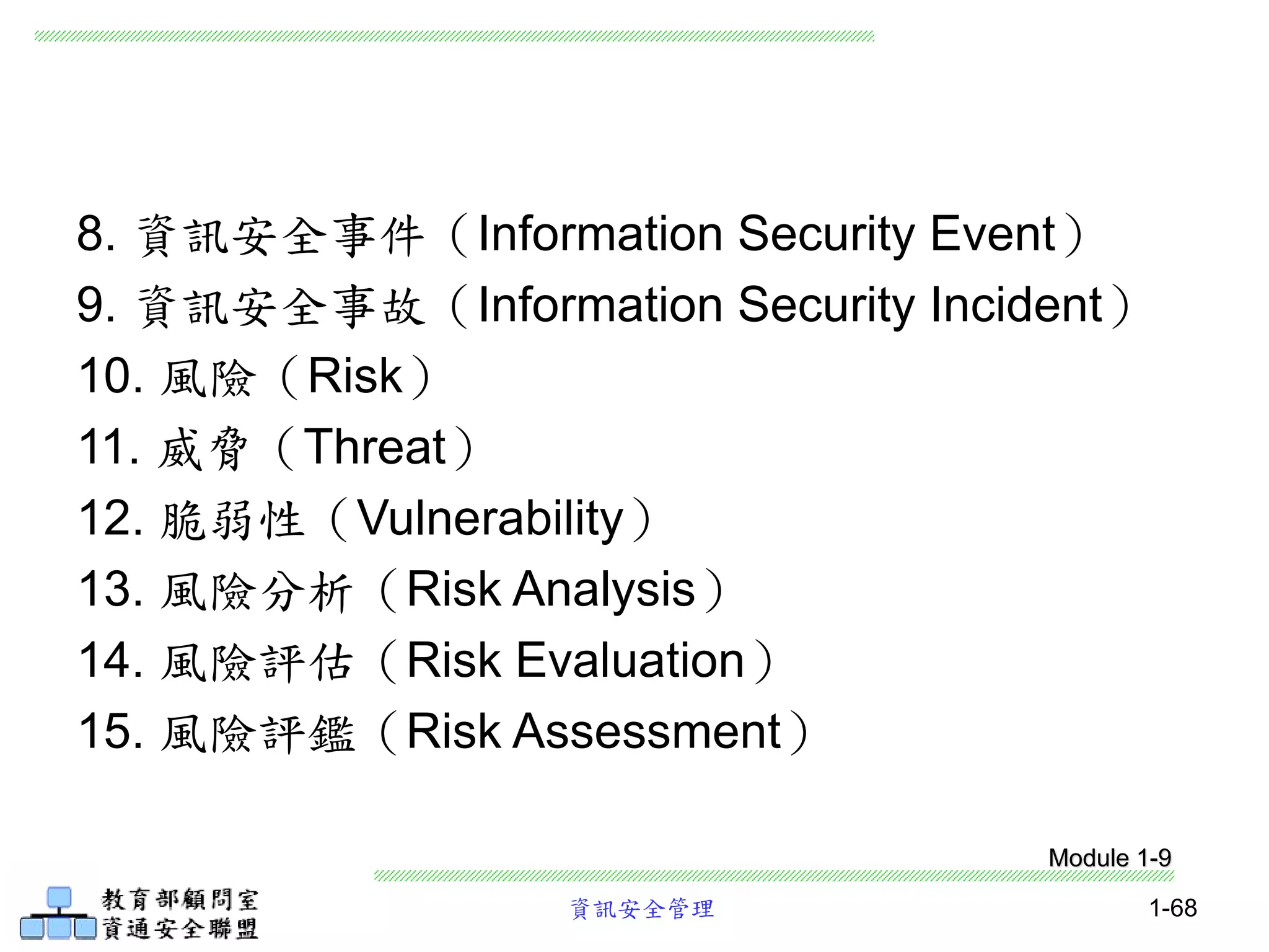 資訊安全管理 1-68
8. 資訊安全事件（Information Security Event）
9. 資訊安全事故（Information Security Incident）
10. 風險（Risk）
11. 威脅（Threat）
12. 脆弱性（Vulnerability）
13. 風險分析（Risk Analysis）
14. 風險評估（Risk Evaluation）
15. 風險評鑑（Risk Assessment）
Module 1-9
 