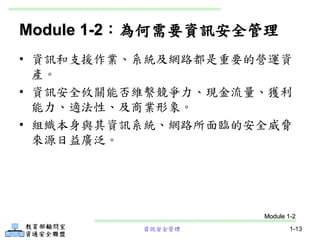 資訊安全管理 1-13
Module 1-2：為何需要資訊安全管理
• 資訊和支援作業、系統及網路都是重要的營運資
產。
• 資訊安全攸關能否維繫競爭力、現金流量、獲利
能力、適法性、及商業形象。
• 組織本身與其資訊系統、網路所面臨的安全威脅
來源日益廣泛。
Module 1-2
 