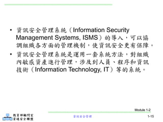 資訊安全管理 1-15
• 資訊安全管理系統（Information Security
Management Systems, ISMS）的導入，可以協
調組織各方面的管理機制，使資訊安全更有保障。
• 資訊安全管理系統是運用一套系統方法，對組織
內敏感資產進行管理，涉及到人員、程序和資訊
技術（Information Technology, IT）等的系統。
Module 1-2
 