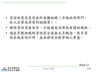 資訊安全管理 1-16
• 資安的需求是存在於各種組織（不論政府部門、
私人企業或非營利組織等）。
• 確保資訊資產安全，才能避免或降低有關的風險。
• 過去多數組織對資訊安全並無太多概念，很多資
訊系統在設計時，並未將安全控管納入考慮。
Module 1-2
 