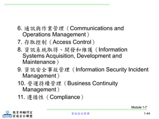 資訊安全管理 1-44
6. 通訊與作業管理（Communications and
Operations Management）
7. 存取控制（Access Control）
8. 資訊系統取得、開發和維護（Information
Systems Acquisition, Development and
Maintenance）
9. 資訊安全事故管理（Information Security Incident
Management）
10. 營運持續管理（Business Continuity
Management）
11. 遵循性（Compliance）
Module 1-7
 