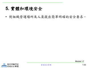 資訊安全管理 1-55
5. 實體和環境安全
• 對組織營運場所及人員提出簡單明確的安全要求。
Module 1-7
 