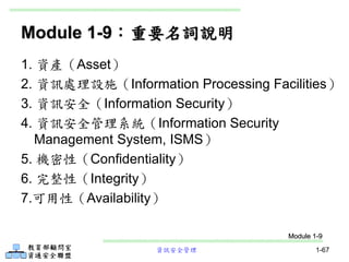 資訊安全管理 1-67
Module 1-9：重要名詞說明
1. 資產（Asset）
2. 資訊處理設施（Information Processing Facilities）
3. 資訊安全（Information Security）
4. 資訊安全管理系統（Information Security
Management System, ISMS）
5. 機密性（Confidentiality）
6. 完整性（Integrity）
7.可用性（Availability）
Module 1-9
 