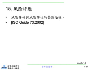 資訊安全管理 1-84
15. 風險評鑑
• 風險分析與風險評估的整個過程。
• [ISO Guide 73:2002]
Module 1-9
 