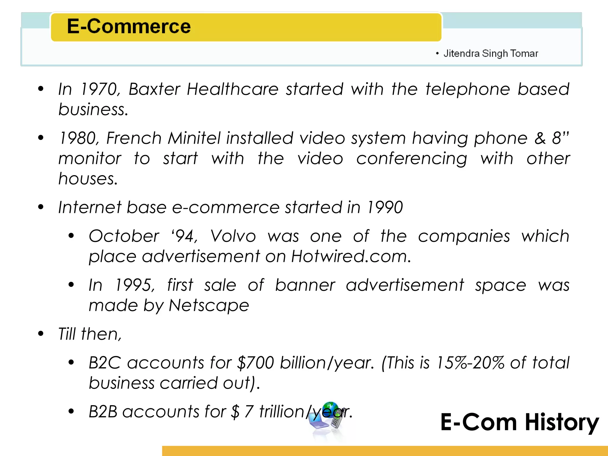 Amity School of Business

• In 1970, Baxter Healthcare started with the telephone based
  business.
• 1980, French Minitel installed video system having phone & 8”
  monitor to start with the video conferencing with other
  houses.
• Internet base e-commerce started in 1990
    • October ‘94, Volvo was one of the companies which
      place advertisement on Hotwired.com.
    • In 1995, first sale of banner advertisement space was
      made by Netscape
• Till then,
    • B2C accounts for $700 billion/year. (This is 15%-20% of total
      business carried out).
    • B2B accounts for $ 7 trillion/year.
                                                  E-Com History
 