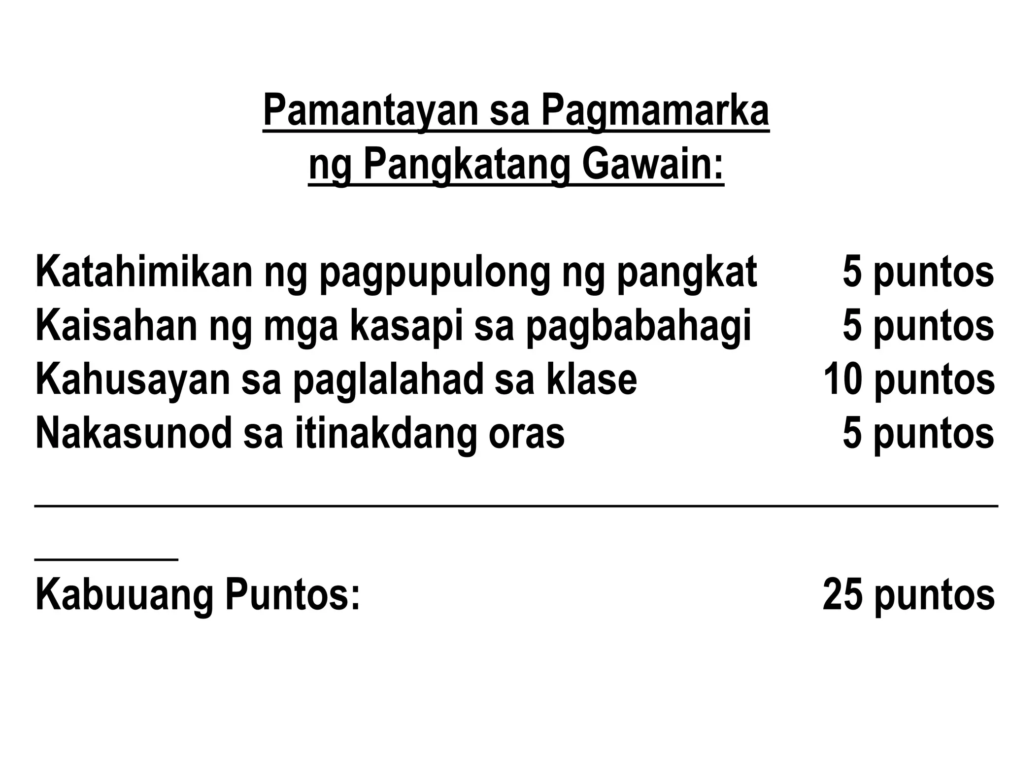 Pamantayan sa Pagmamarka
ng Pangkatang Gawain:
Katahimikan ng pagpupulong ng pangkat 5 puntos
Kaisahan ng mga kasapi sa pagbabahagi 5 puntos
Kahusayan sa paglalahad sa klase 10 puntos
Nakasunod sa itinakdang oras 5 puntos
_______________________________________________
_______
Kabuuang Puntos: 25 puntos
 