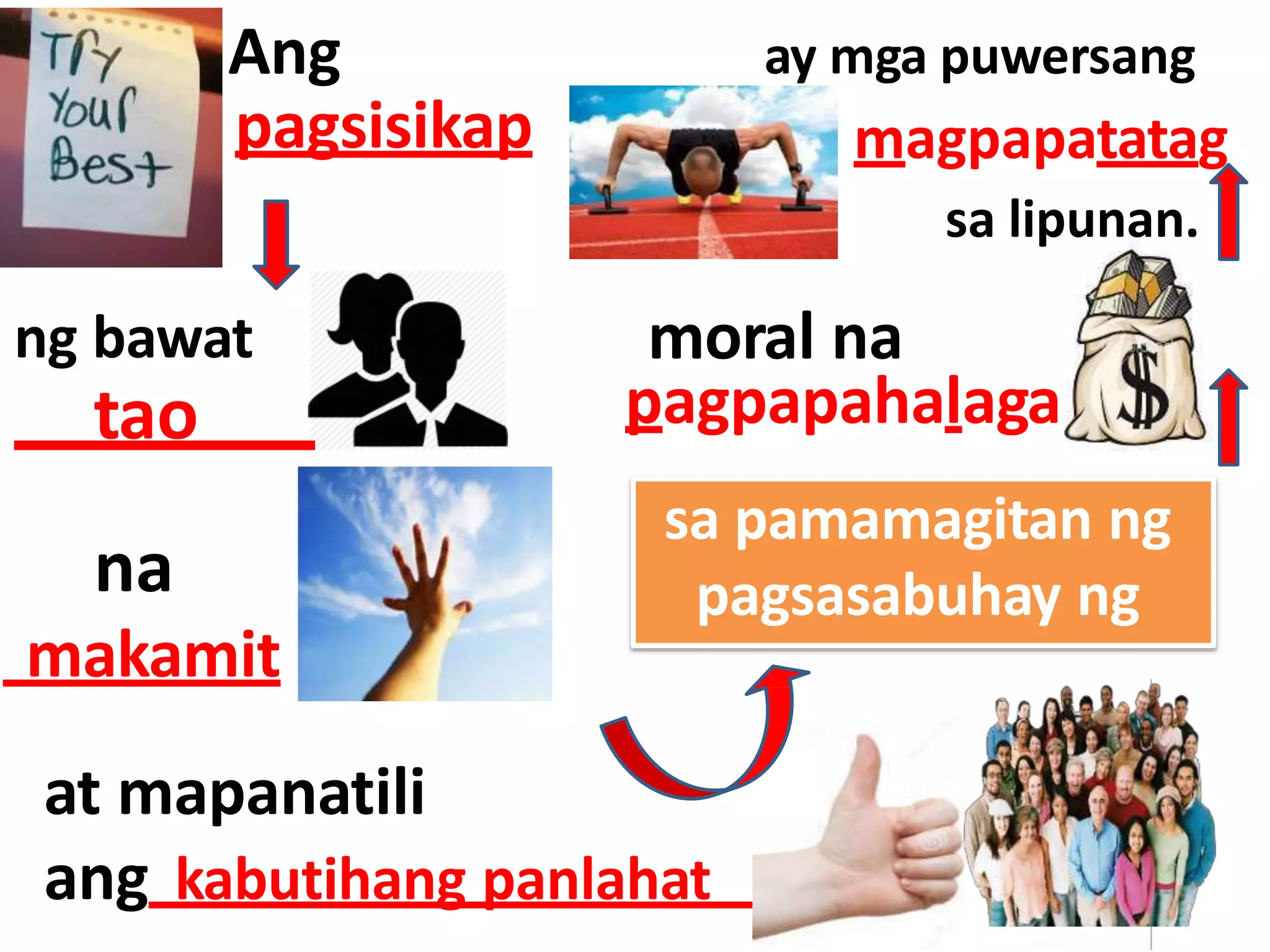 ng bawat
tao
na
makamit
at mapanatili
moral na
pagpapahalaga
ang kabutihang panlahat
Ang
pagsisikap
ay mga puwersang
magpapatatag
sa lipunan.
sa pamamagitan ng
pagsasabuhay ng
 