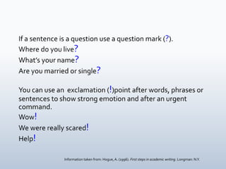 Information taken from: Hogue,A. (1996). First steps in academic writing. Longman: N.Y.
 