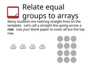 Relate equal
groups to arrays
Many students are noticing straight lines on the
template. Let’s call a straight line going across a
row. Use your blank paper to cover all but the top
row.
 