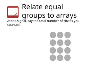 Relate equal
groups to arrays
At the signal, say the total number of circles you
counted.
 